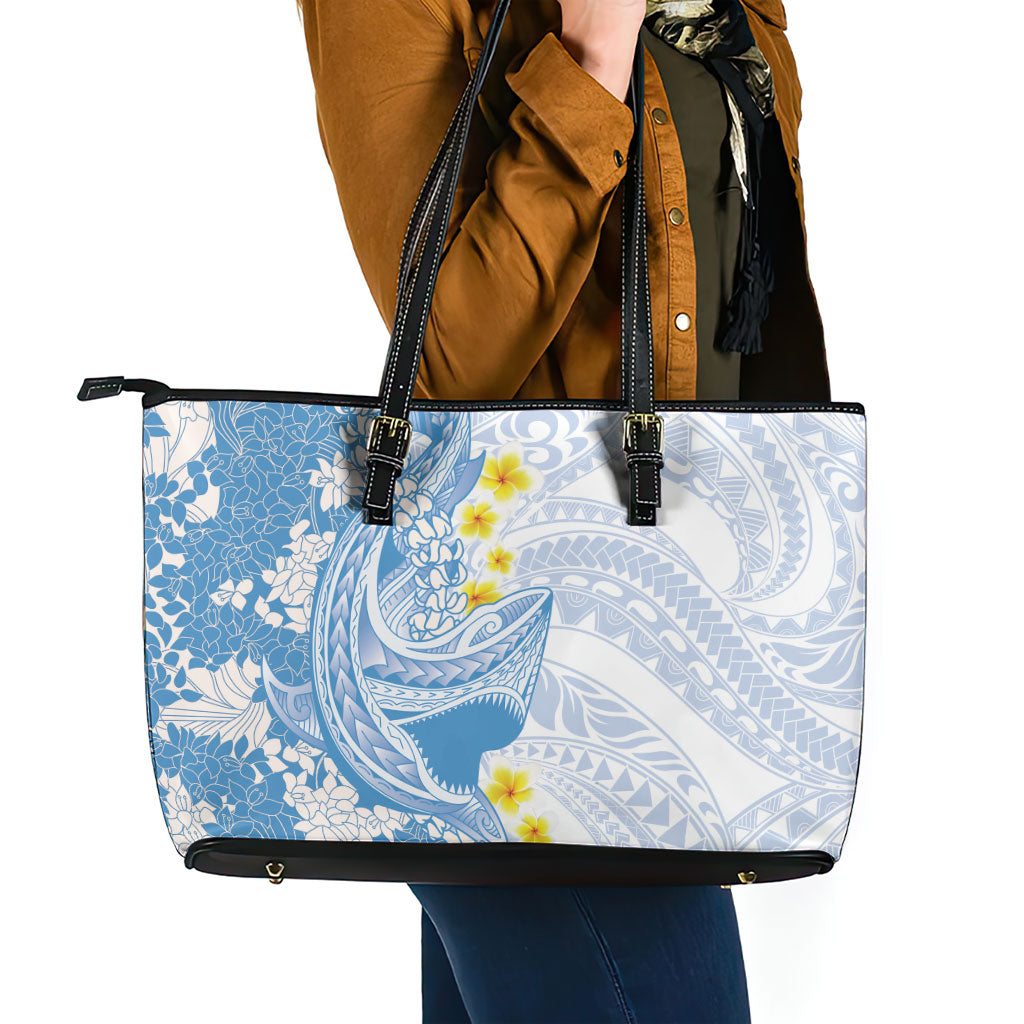 Blue Hawaii Shark Tattoo Leather Tote Bag Puakenikeni Lei Plumeria Polynesian Pattern
