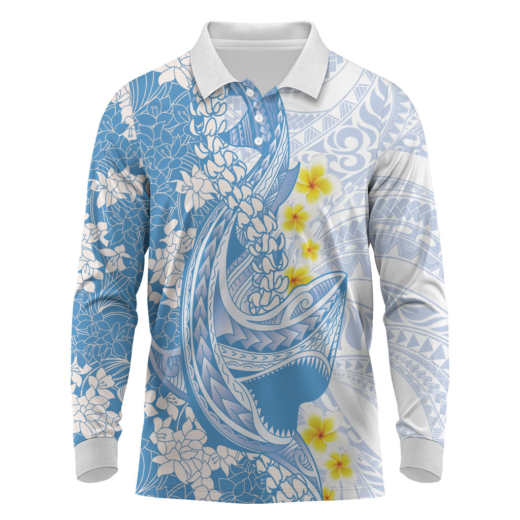 Blue Hawaii Shark Tattoo Long Sleeve Polo Shirt Puakenikeni Lei Plumeria Polynesian Pattern