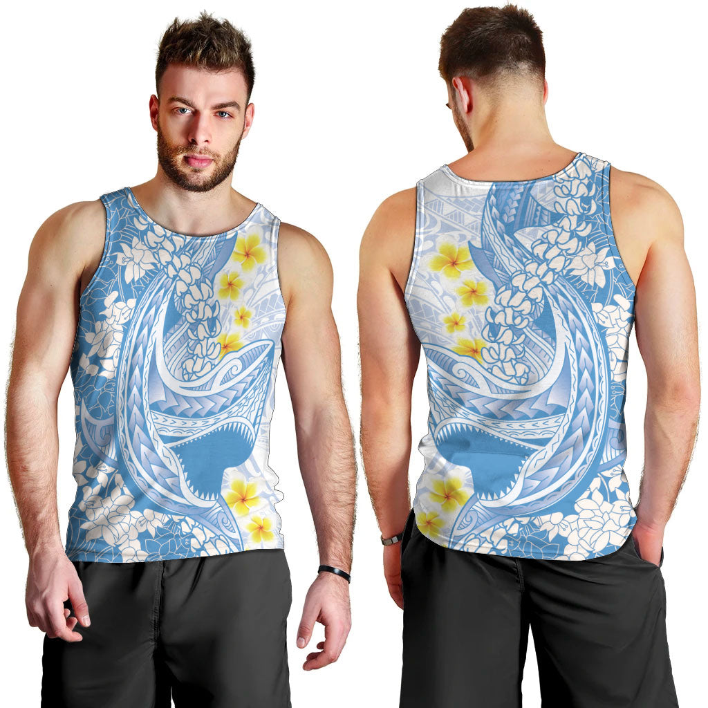 Blue Hawaii Shark Tattoo Men Tank Top Puakenikeni Lei Plumeria Polynesian Pattern