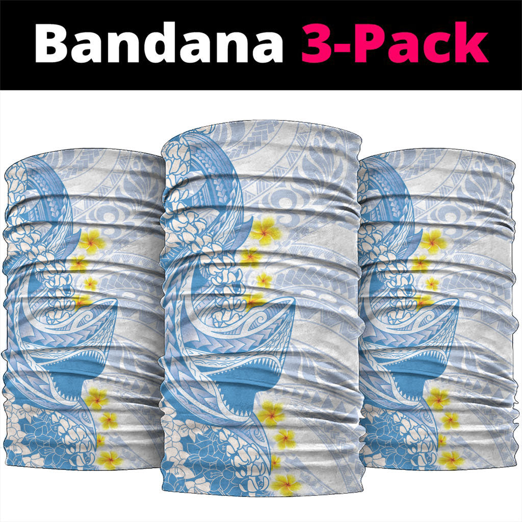 Blue Hawaii Shark Tattoo Neck Gaiter Puakenikeni Lei Plumeria Polynesian Pattern
