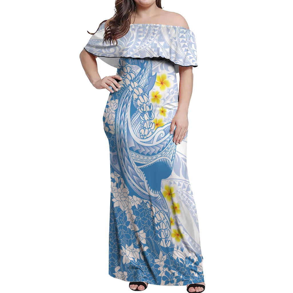 Blue Hawaii Shark Tattoo Off Shoulder Maxi Dress Puakenikeni Lei Plumeria Polynesian Pattern