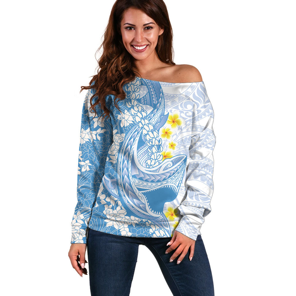 Blue Hawaii Shark Tattoo Off Shoulder Sweater Puakenikeni Lei Plumeria Polynesian Pattern