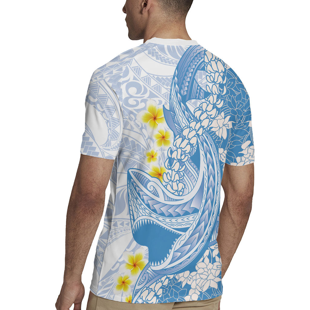 Blue Hawaii Shark Tattoo Rugby Jersey Puakenikeni Lei Plumeria Polynesian Pattern