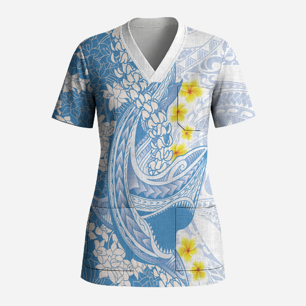 Blue Hawaii Shark Tattoo Scrub Top Puakenikeni Lei Plumeria Polynesian Pattern