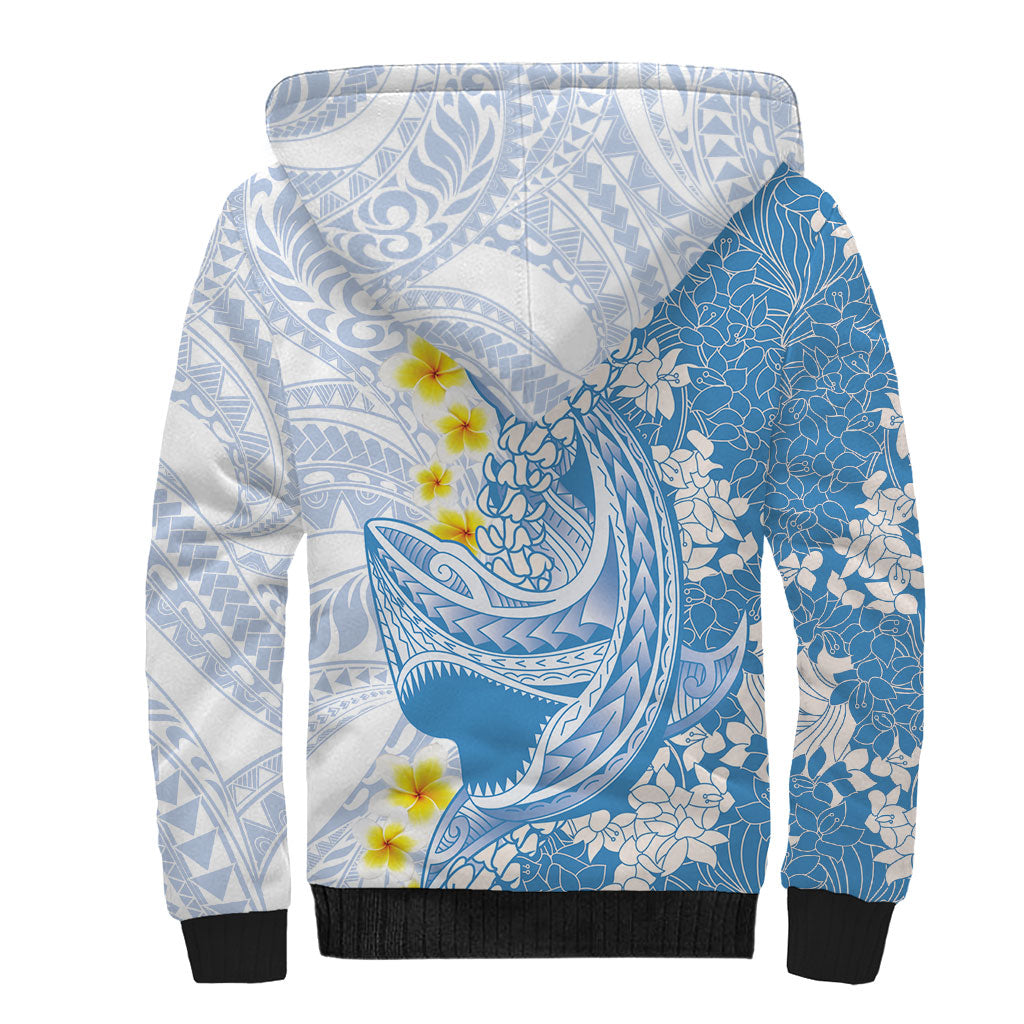 Blue Hawaii Shark Tattoo Sherpa Hoodie Puakenikeni Lei Plumeria Polynesian Pattern LT14 - Polynesian Pride