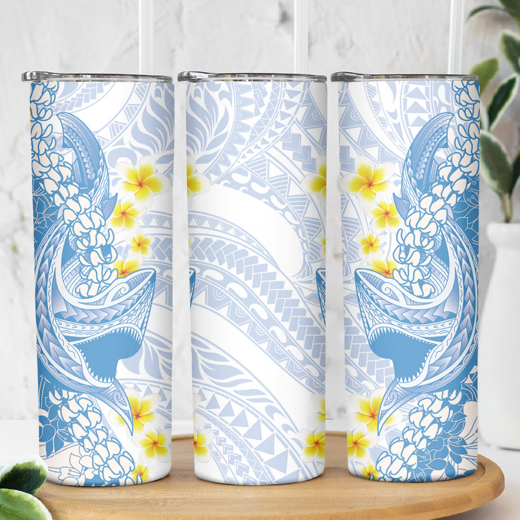 Blue Hawaii Shark Tattoo Skinny Tumbler Puakenikeni Lei Plumeria Polynesian Pattern