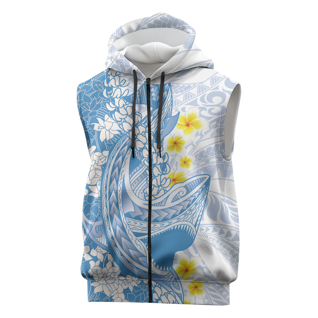 Blue Hawaii Shark Tattoo Sleeveless Zip Hoodie Puakenikeni Lei Plumeria Polynesian Pattern