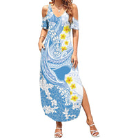 Blue Hawaii Shark Tattoo Summer Maxi Dress Puakenikeni Lei Plumeria Polynesian Pattern