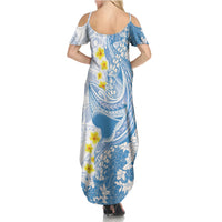 Blue Hawaii Shark Tattoo Summer Maxi Dress Puakenikeni Lei Plumeria Polynesian Pattern