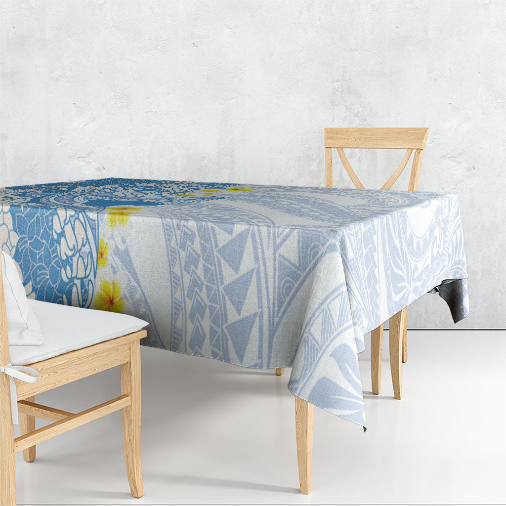 Blue Hawaii Shark Tattoo Tablecloth Puakenikeni Lei Plumeria Polynesian Pattern