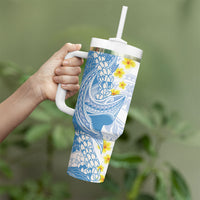 Blue Hawaii Shark Tattoo Tumbler With Handle Puakenikeni Lei Plumeria Polynesian Pattern