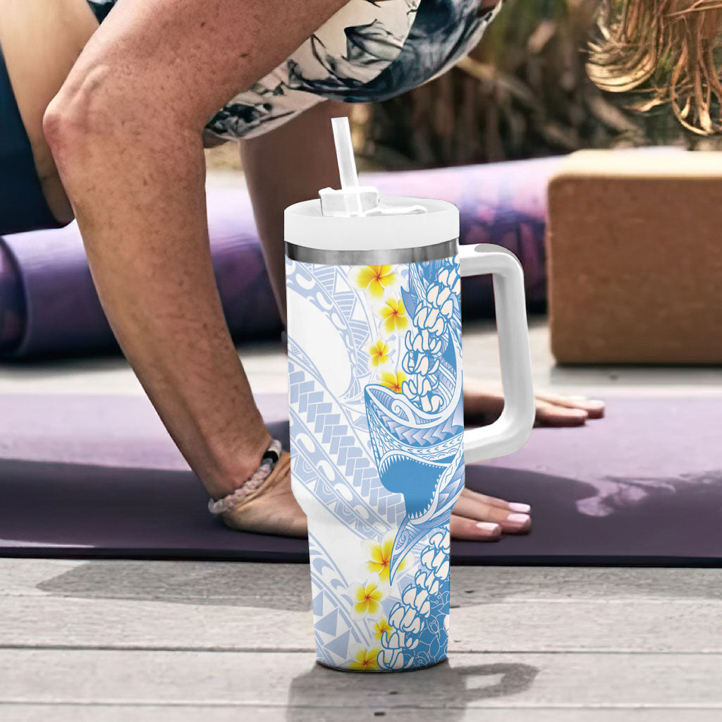 Blue Hawaii Shark Tattoo Tumbler With Handle Puakenikeni Lei Plumeria Polynesian Pattern