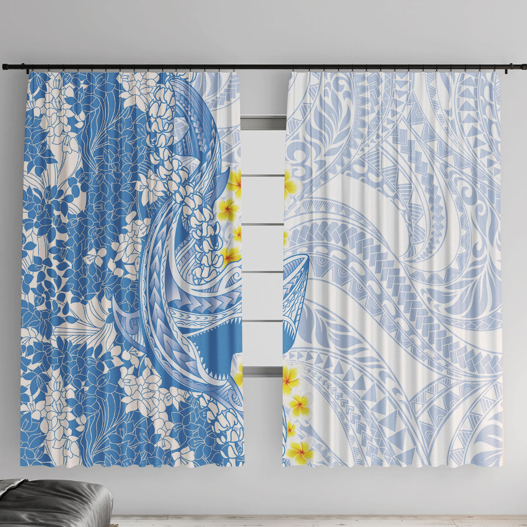Blue Hawaii Shark Tattoo Window Curtain Puakenikeni Lei Plumeria Polynesian Pattern