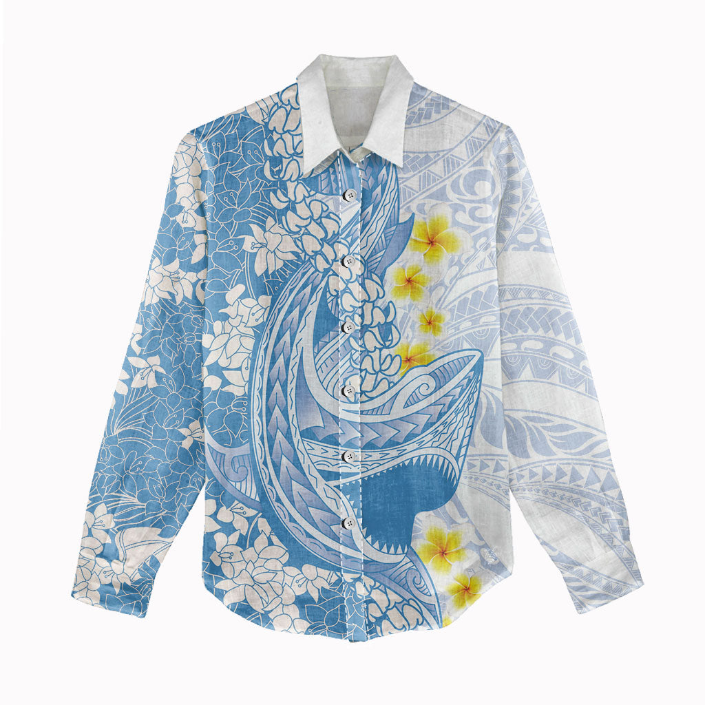 Blue Hawaii Shark Tattoo Women Casual Shirt Puakenikeni Lei Plumeria Polynesian Pattern