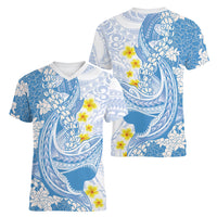Blue Hawaii Shark Tattoo Women V-Neck T-Shirt Puakenikeni Lei Plumeria Polynesian Pattern