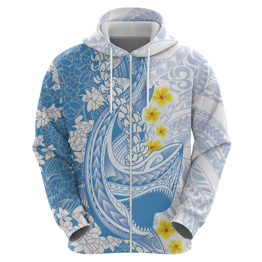 Blue Hawaii Shark Tattoo Zip Hoodie Puakenikeni Lei Plumeria Polynesian Pattern