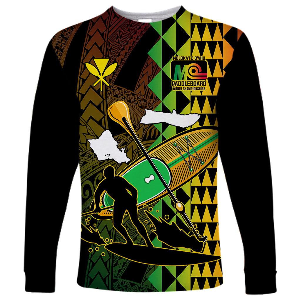 Paddle Board Hawaii Long Sleeve Shirt Molokai 2 Oahu World Championships Kakau Pattern LT14 Unisex Black - Polynesian Pride