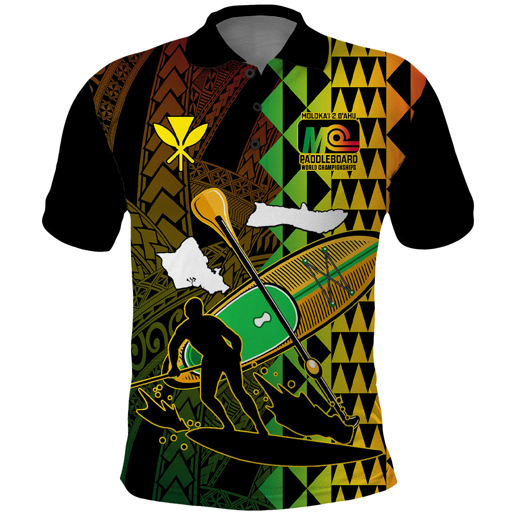 Paddle Board Hawaii Polo Shirt Molokai 2 Oahu World Championships Kakau Pattern LT14 Black - Polynesian Pride