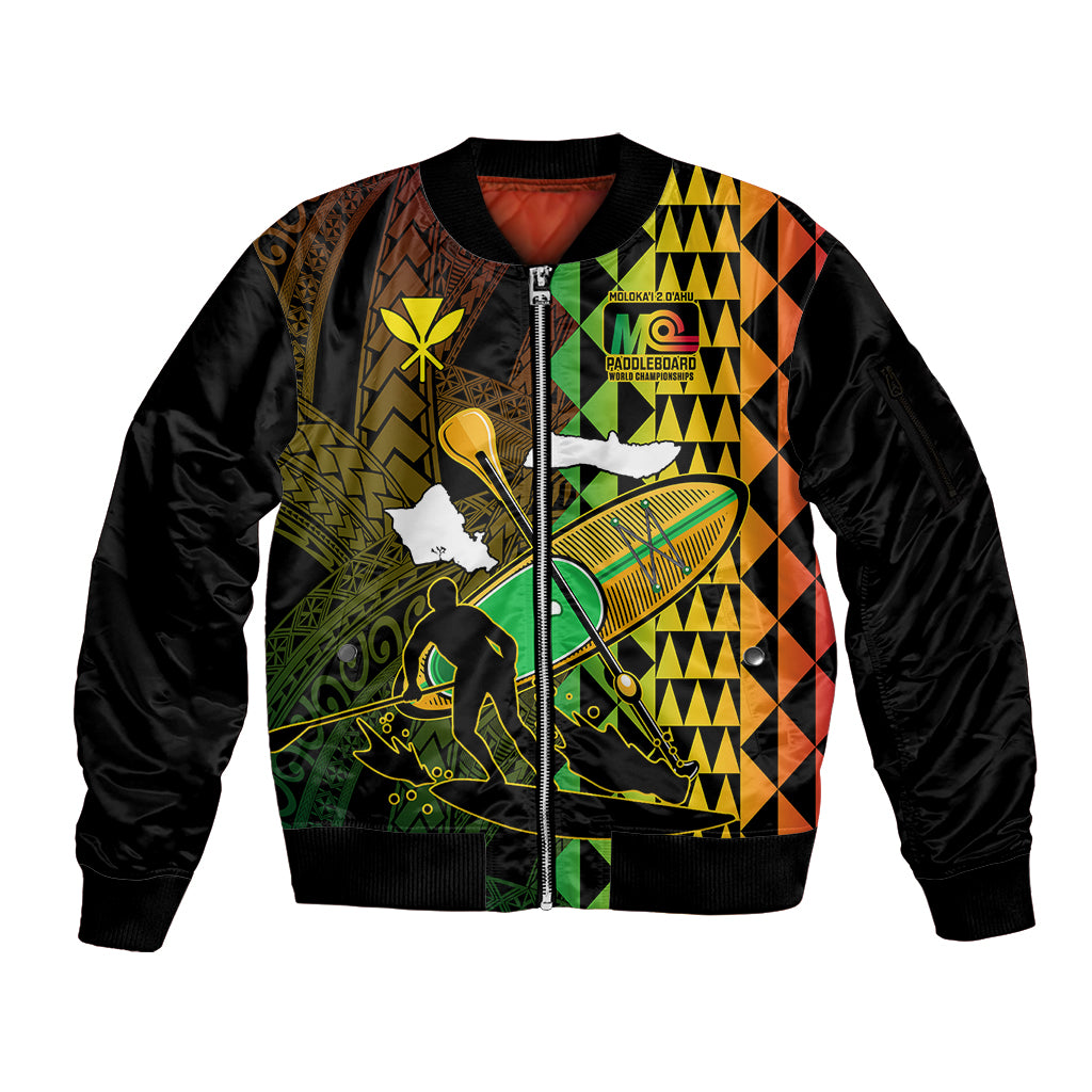 Paddle Board Hawaii Sleeve Zip Bomber Jacket Molokai 2 Oahu World Championships Kakau Pattern LT14 Unisex Black - Polynesian Pride