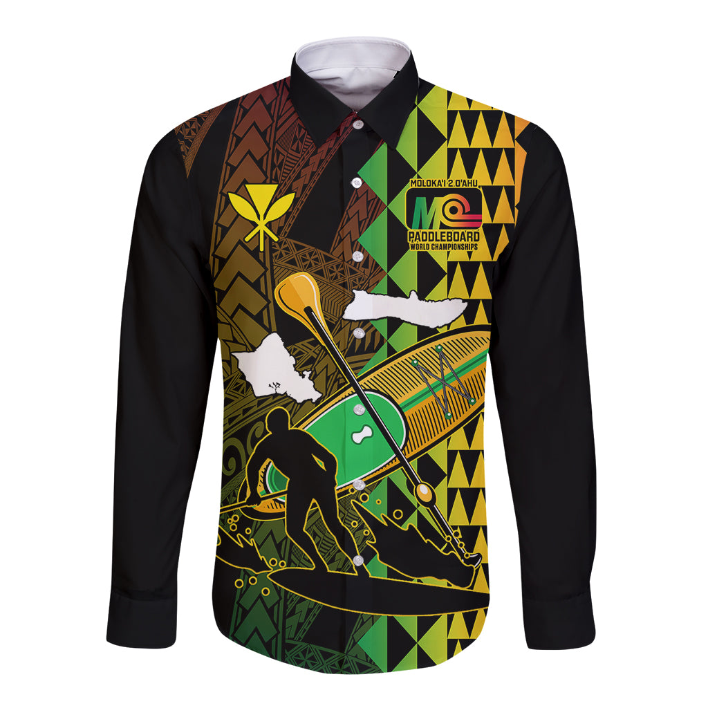 Personalised Paddle Board Hawaii Long Sleeve Button Shirt Molokai 2 Oahu World Championships Kakau Pattern LT14 Unisex Black - Polynesian Pride