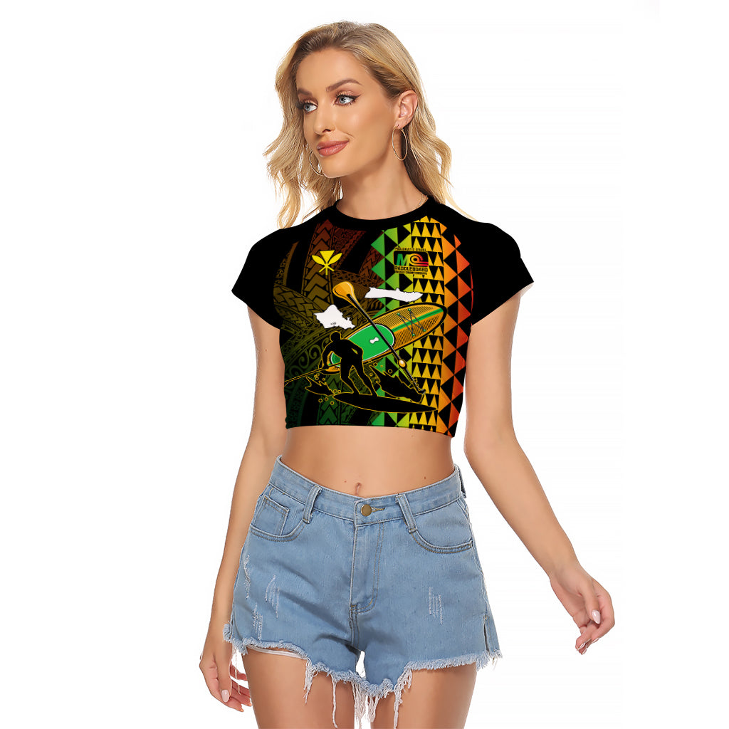 Personalised Paddle Board Hawaii Raglan Cropped T Shirt Molokai 2 Oahu World Championships Kakau Pattern LT14 Female Black - Polynesian Pride