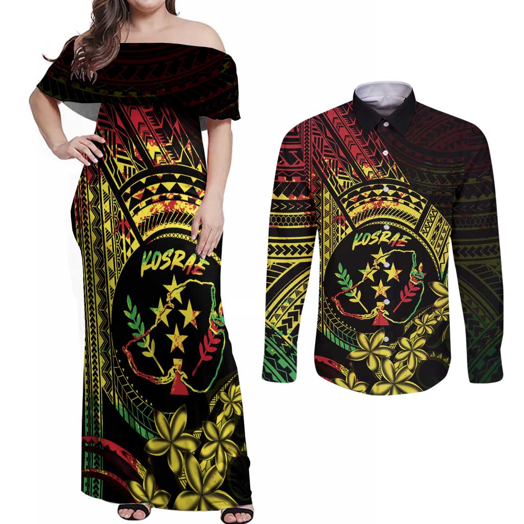 Reggae Kosrae Liberation Day Couples Matching Off Shoulder Maxi Dress and Long Sleeve Button Shirt September 8 Polynesian Tattoo - Polynesian Pride