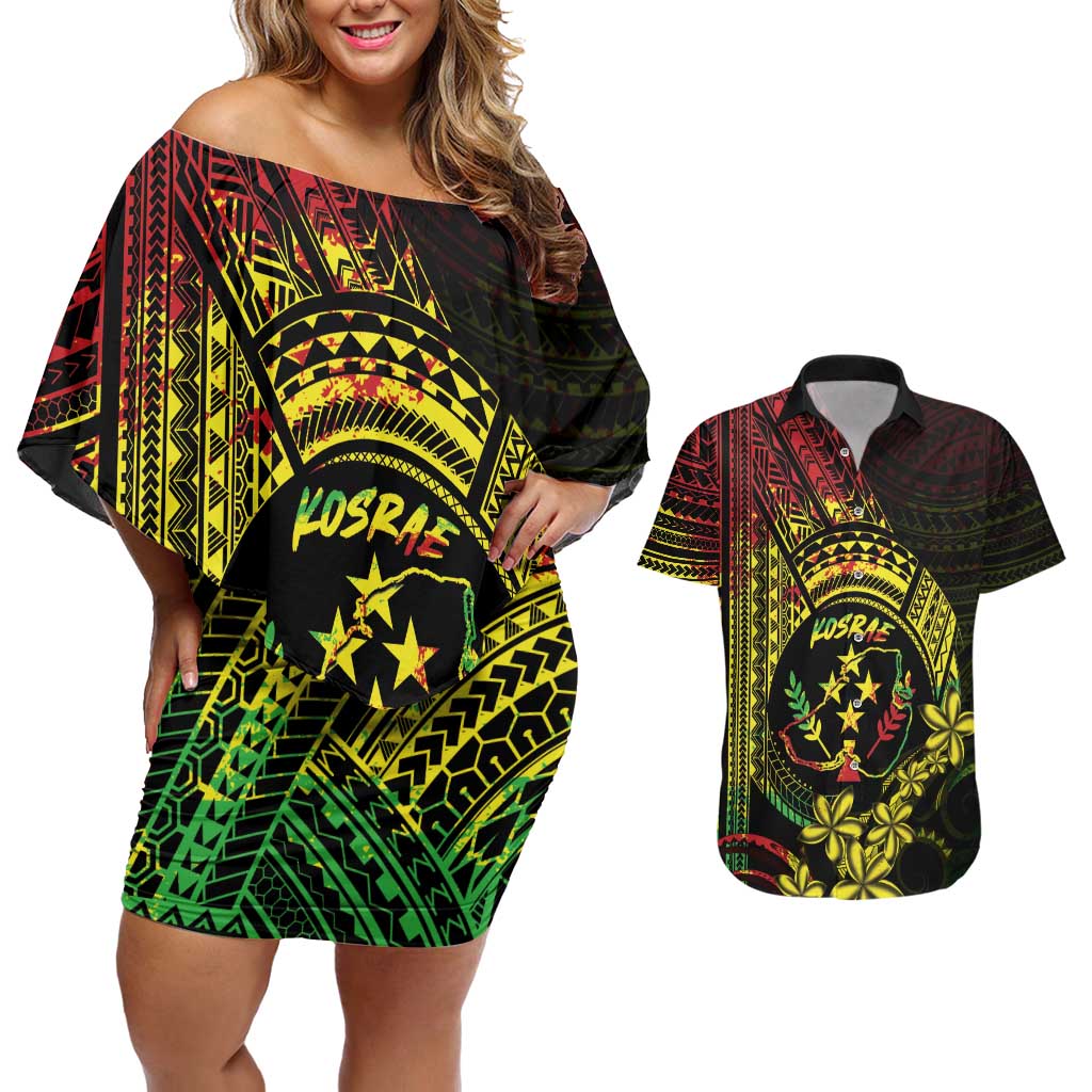 Reggae Kosrae Liberation Day Couples Matching Off Shoulder Short Dress and Hawaiian Shirt September 8 Polynesian Tattoo - Polynesian Pride