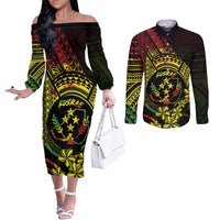 Reggae Kosrae Liberation Day Couples Matching Off The Shoulder Long Sleeve Dress and Long Sleeve Button Shirt September 8 Polynesian Tattoo - Polynesian Pride