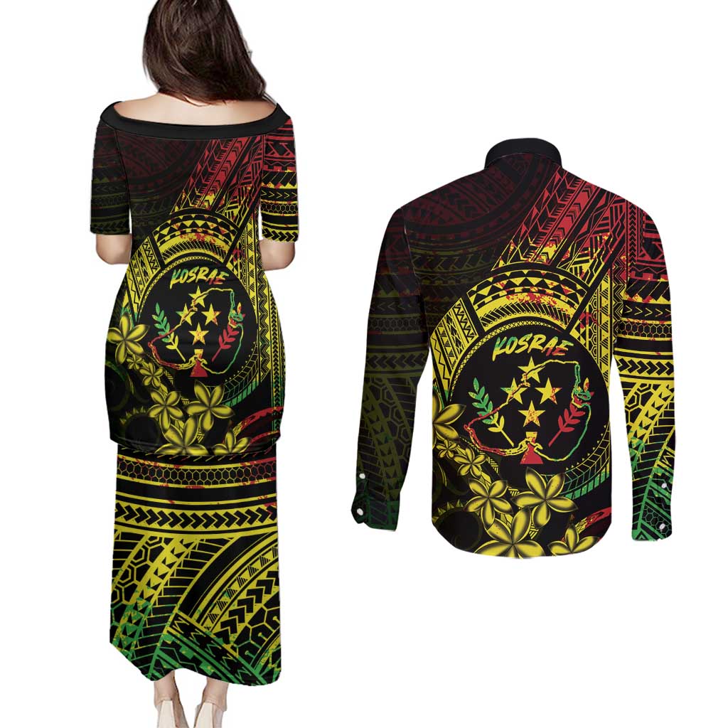 Reggae Kosrae Liberation Day Couples Matching Puletasi and Long Sleeve Button Shirt September 8 Polynesian Tattoo - Polynesian Pride