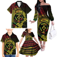 Reggae Kosrae Liberation Day Family Matching Off The Shoulder Long Sleeve Dress and Hawaiian Shirt September 8 Polynesian Tattoo - Polynesian Pride