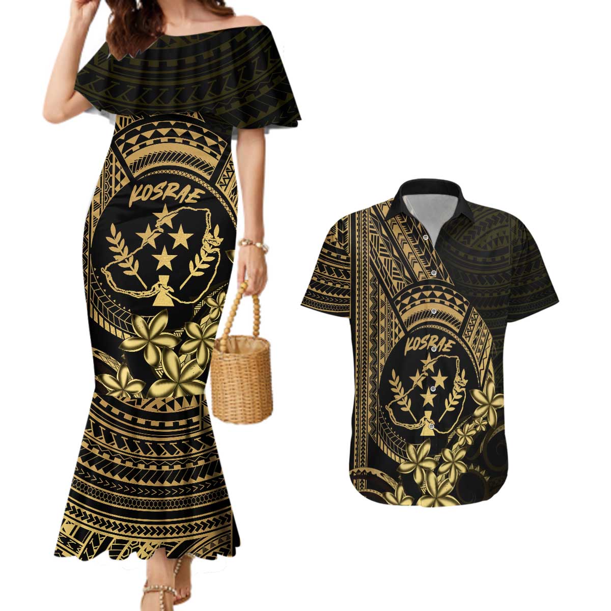 Gold Kosrae Liberation Day Couples Matching Mermaid Dress and Hawaiian Shirt September 8 Polynesian Tattoo - Polynesian Pride