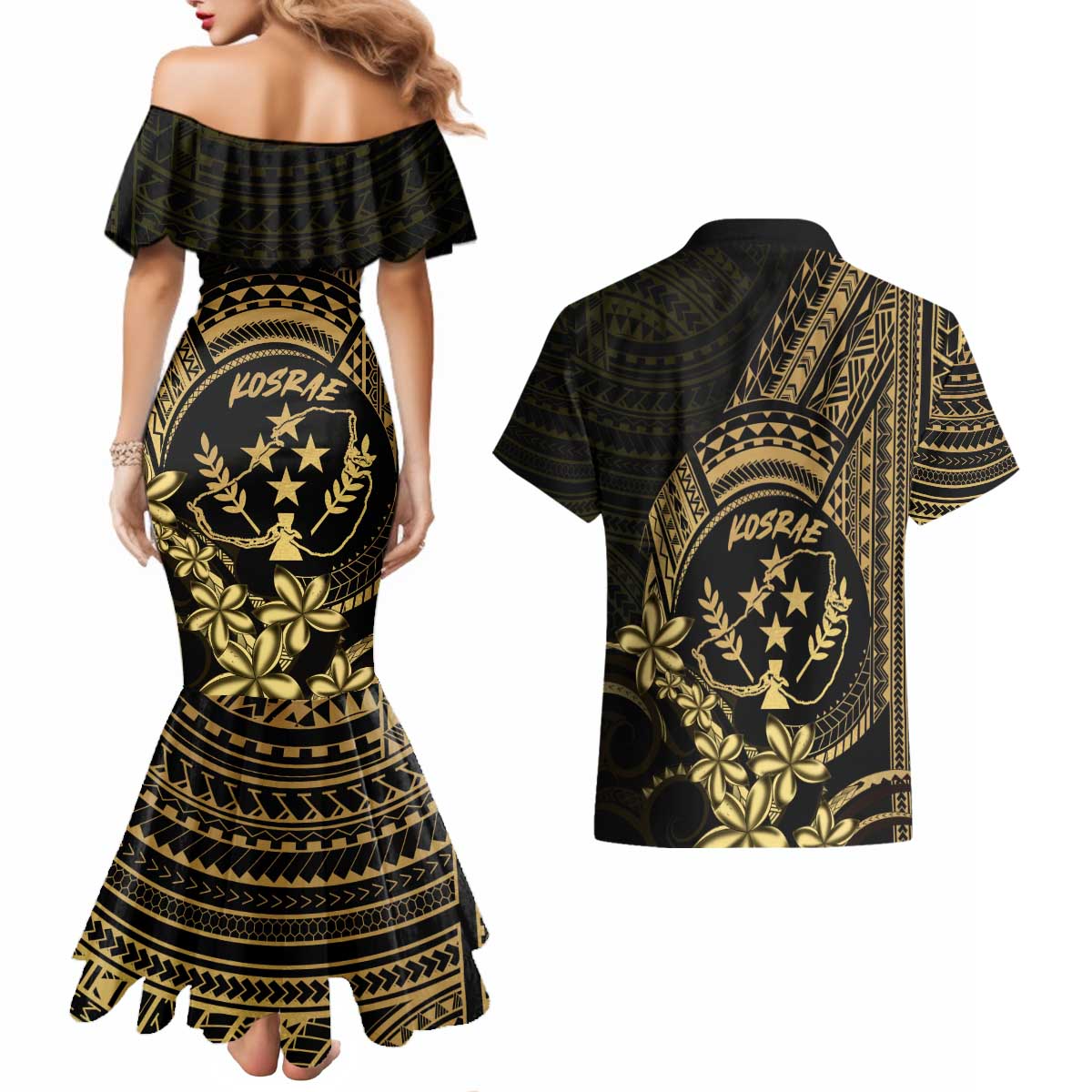 Gold Kosrae Liberation Day Couples Matching Mermaid Dress and Hawaiian Shirt September 8 Polynesian Tattoo - Polynesian Pride