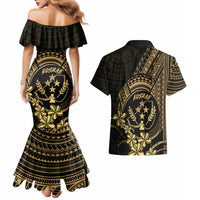 Gold Kosrae Liberation Day Couples Matching Mermaid Dress and Hawaiian Shirt September 8 Polynesian Tattoo - Polynesian Pride