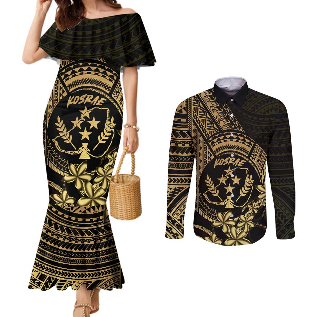 Gold Kosrae Liberation Day Couples Matching Mermaid Dress and Long Sleeve Button Shirt September 8 Polynesian Tattoo - Polynesian Pride