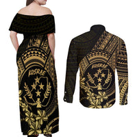 Gold Kosrae Liberation Day Couples Matching Off Shoulder Maxi Dress and Long Sleeve Button Shirt September 8 Polynesian Tattoo - Polynesian Pride