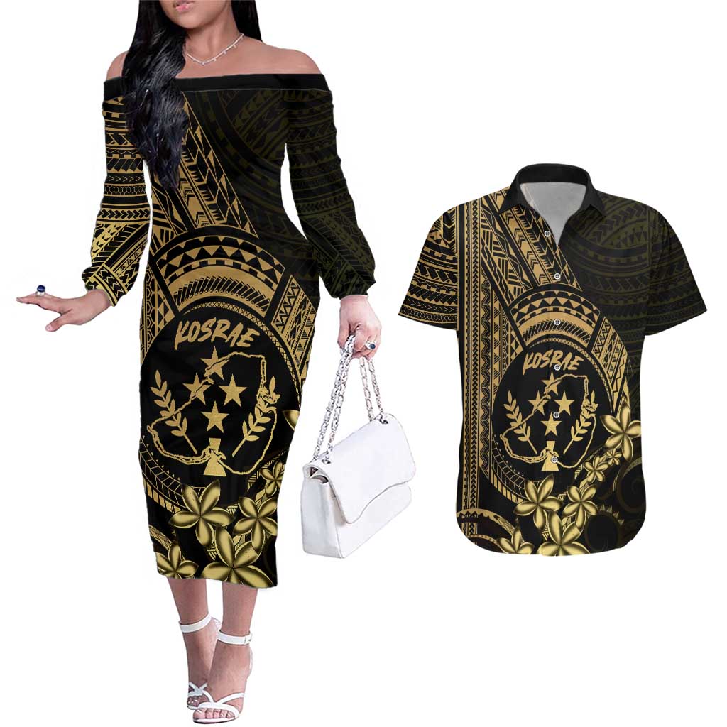 Gold Kosrae Liberation Day Couples Matching Off The Shoulder Long Sleeve Dress and Hawaiian Shirt September 8 Polynesian Tattoo - Polynesian Pride