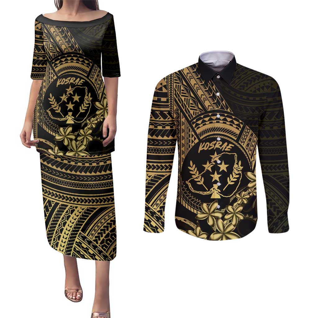 Gold Kosrae Liberation Day Couples Matching Puletasi and Long Sleeve Button Shirt September 8 Polynesian Tattoo - Polynesian Pride
