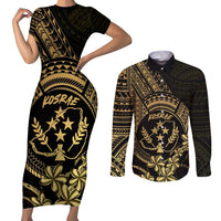 Gold Kosrae Liberation Day Couples Matching Short Sleeve Bodycon Dress and Long Sleeve Button Shirt September 8 Polynesian Tattoo - Polynesian Pride