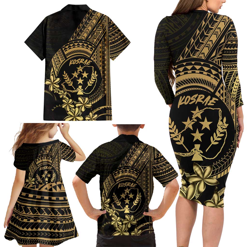 Gold Kosrae Liberation Day Family Matching Long Sleeve Bodycon Dress and Hawaiian Shirt September 8 Polynesian Tattoo - Polynesian Pride