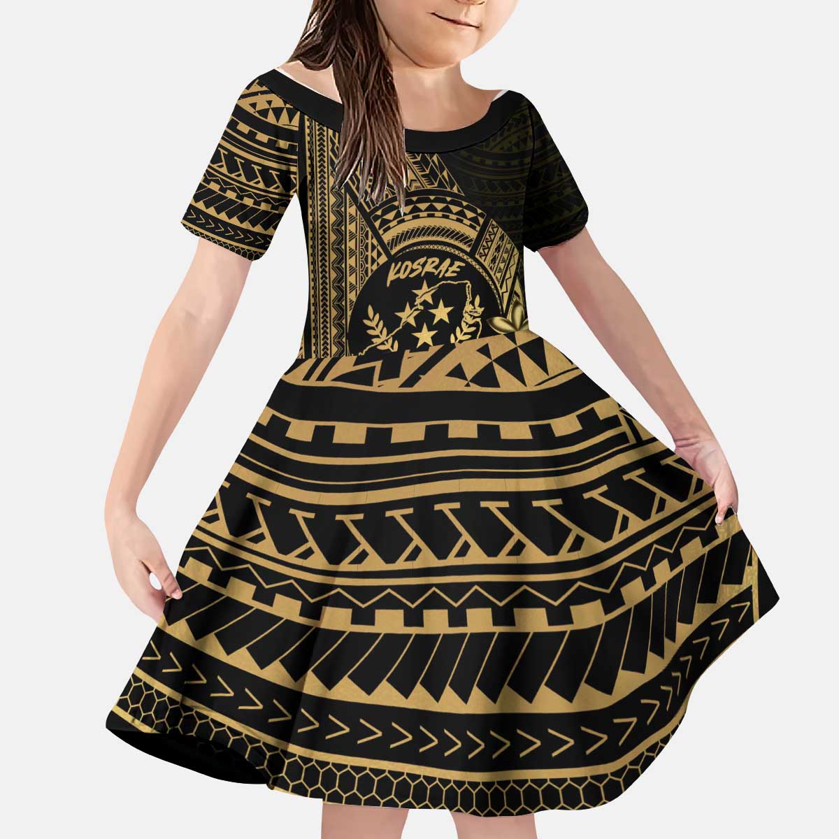 Gold Kosrae Liberation Day Kid Short Sleeve Dress September 8 Polynesian Tattoo - Polynesian Pride