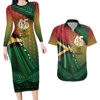 Personalised Long Live Vanuatu Independence Day Couples Matching Long Sleeve Bodycon Dress and Hawaiian Shirt 45th Anniversary Woven Pattern - Polynesian Pride