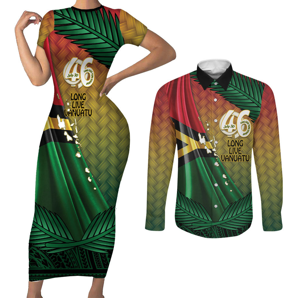 Personalised Long Live Vanuatu Independence Day Couples Matching Short Sleeve Bodycon Dress and Long Sleeve Button Shirt 46th Anniversary Woven Pattern LT14 Reggae - Polynesian Pride