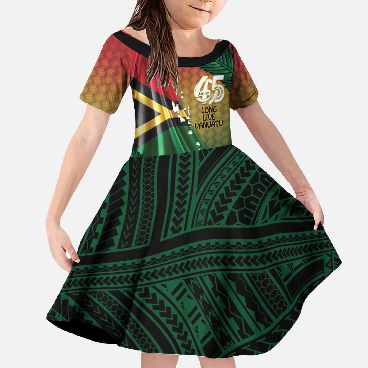 Personalised Long Live Vanuatu Independence Day Family Matching Off The Shoulder Long Sleeve Dress and Hawaiian Shirt 45th Anniversary Woven Pattern LT14 Daughter's Dress Reggae - Polynesian Pride