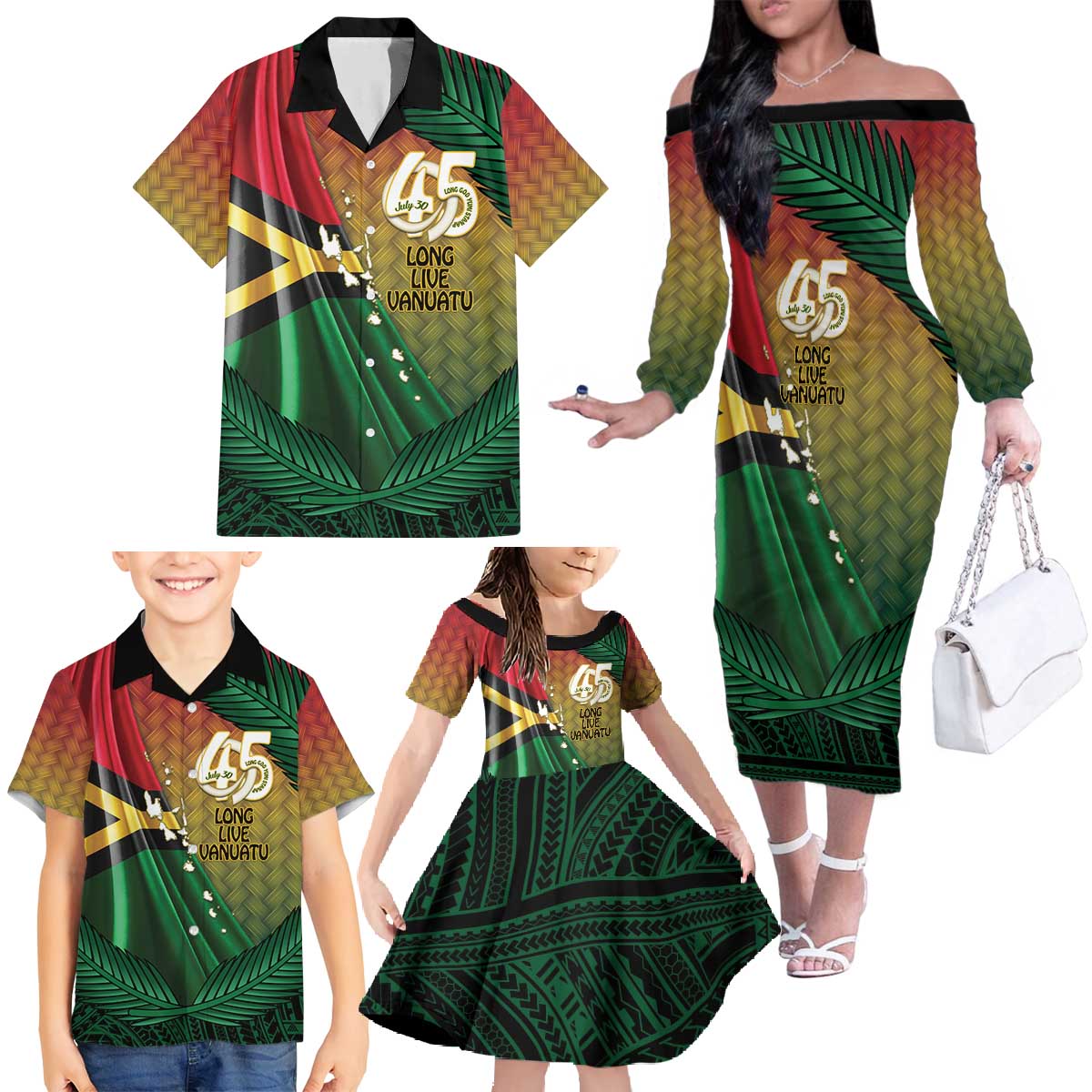 Personalised Long Live Vanuatu Independence Day Family Matching Off The Shoulder Long Sleeve Dress and Hawaiian Shirt 45th Anniversary Woven Pattern LT14 - Polynesian Pride