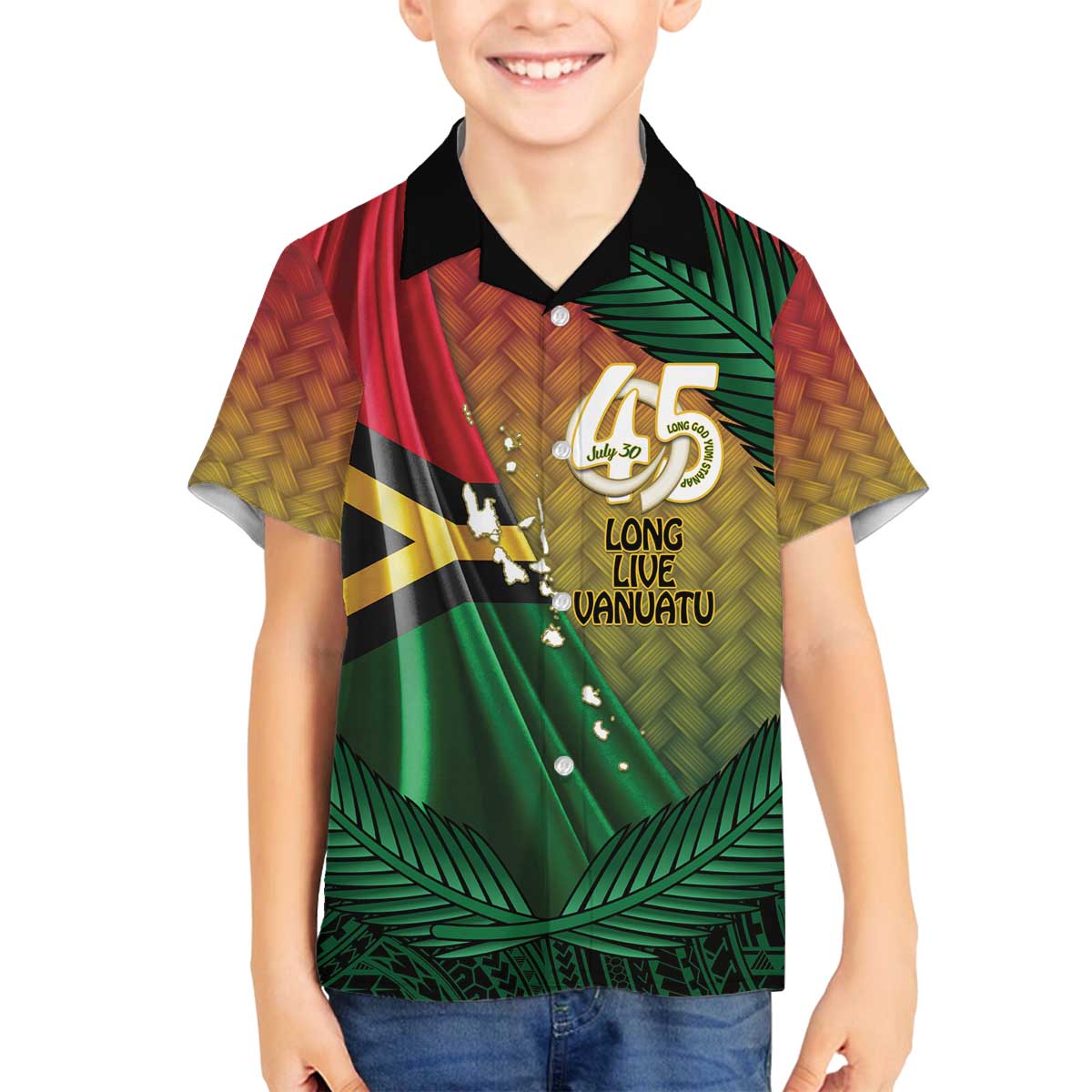 Personalised Long Live Vanuatu Independence Day Family Matching Off The Shoulder Long Sleeve Dress and Hawaiian Shirt 45th Anniversary Woven Pattern LT14 Son's Shirt Reggae - Polynesian Pride