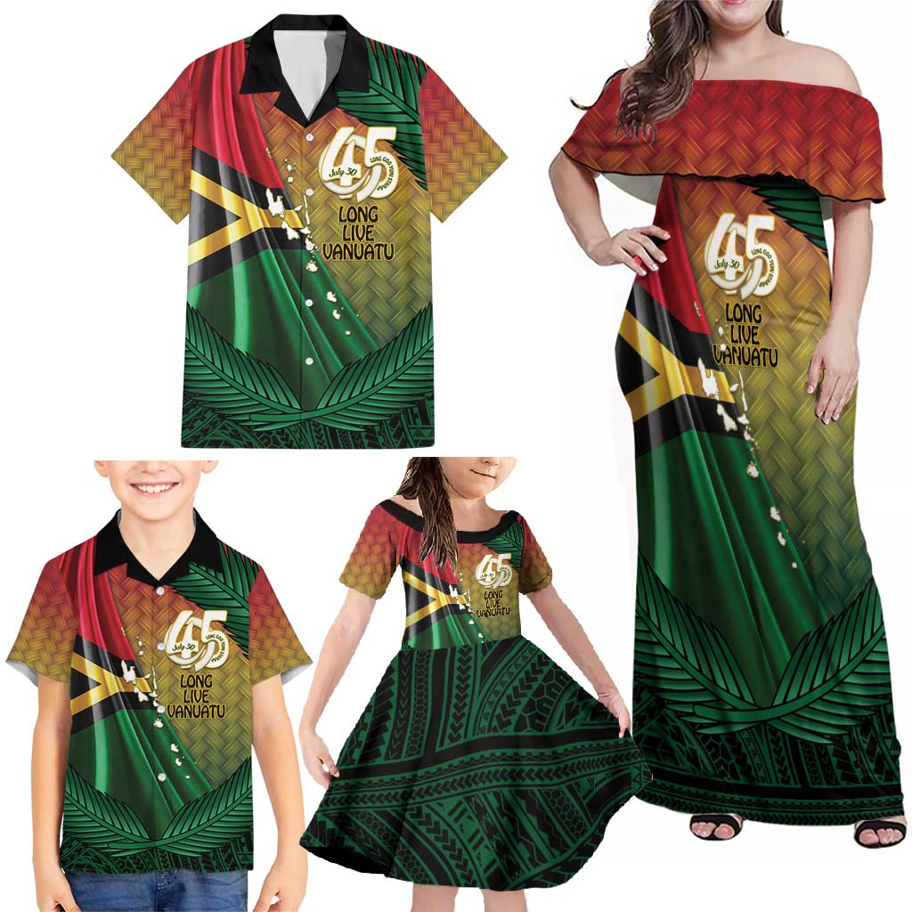 Personalised Long Live Vanuatu Independence Day Family Matching Off Shoulder Maxi Dress and Hawaiian Shirt 45th Anniversary Woven Pattern - Polynesian Pride