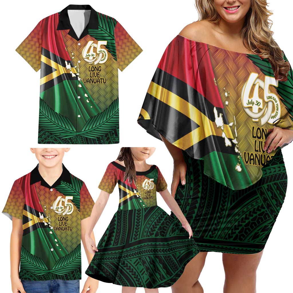 Personalised Long Live Vanuatu Independence Day Family Matching Off Shoulder Short Dress and Hawaiian Shirt 45th Anniversary Woven Pattern - Polynesian Pride