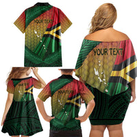 Personalised Long Live Vanuatu Independence Day Family Matching Off Shoulder Short Dress and Hawaiian Shirt 45th Anniversary Woven Pattern - Polynesian Pride