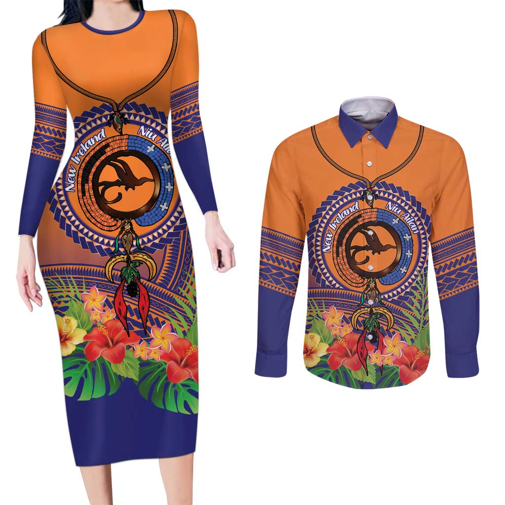PNG New Ireland Province Couples Matching Long Sleeve Bodycon Dress and Long Sleeve Button Shirt Niu Ailan Necklace Polynesian Tattoo - Polynesian Pride