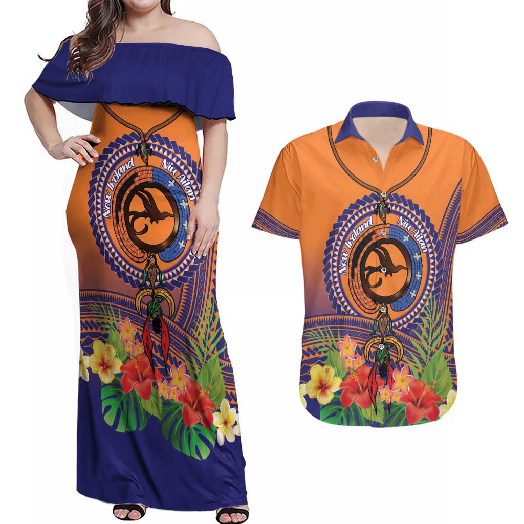 PNG New Ireland Province Couples Matching Off Shoulder Maxi Dress and Hawaiian Shirt Niu Ailan Necklace Polynesian Tattoo - Polynesian Pride